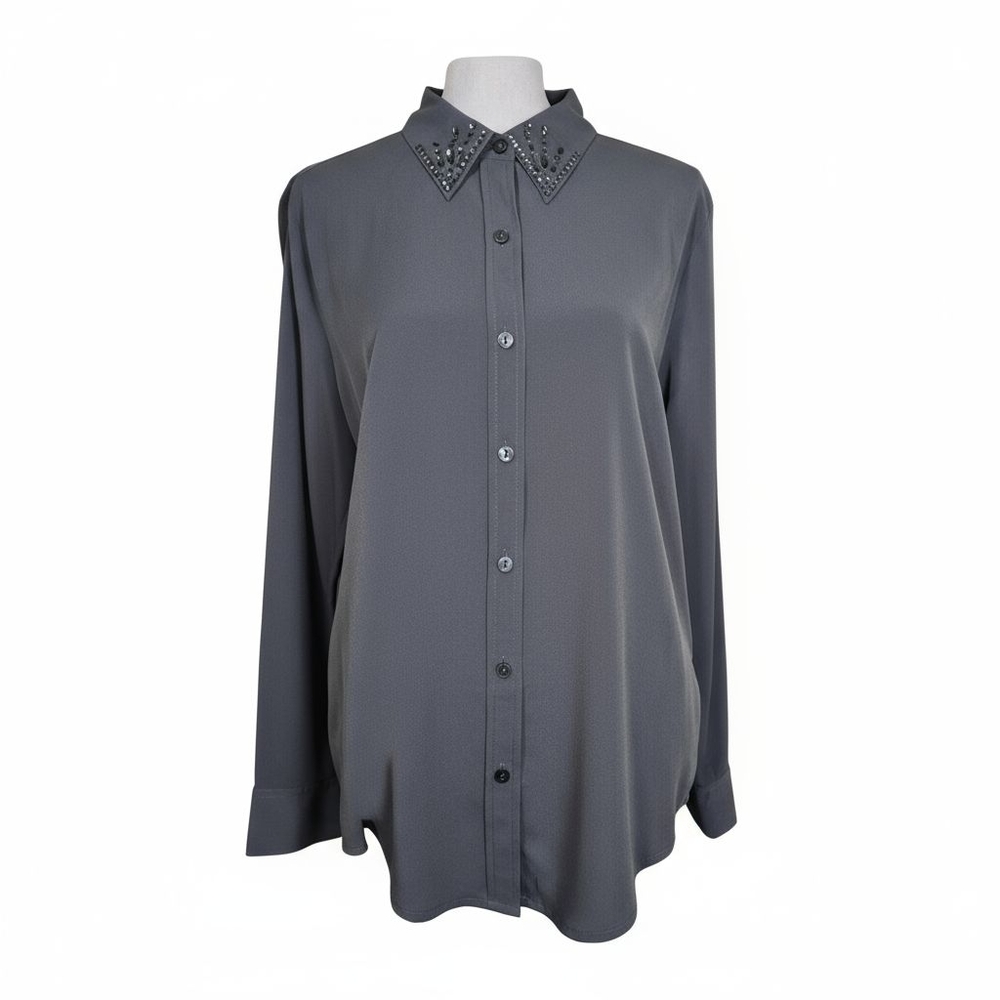 APT. 9 Gray Button-Up Dress Shirt Embelished Collar Woman's Size Medium New Nwt